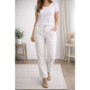 DKNY Women's White Metallic Linen Blend Straight Leg Pants Size 16 ￼